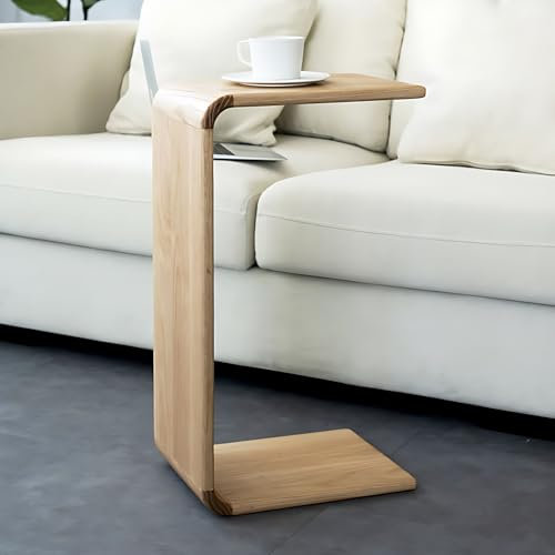 GASLIKE C-förmiger Beistelltisch aus Massivholz, Kompakter & platzsparender Sofatisch für Wohnzimmer, Schlafzimmer & Büro, Kein Zusammenbau erforderlich,Light Wood
