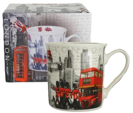 London Cityscape Souvenir Mug – Black & White City Background with Red Bus & Guards | Ceramic Tea Coffee Cup with Gift Box | UK Tourist Keepsake