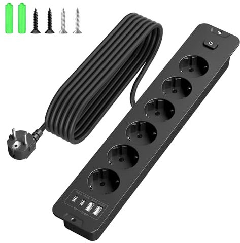 Multiprise avec USB, multiprise avec Interrupteur, Prise escamotable, 2 Compartiments, Prise de Table encastrable, avec câble de 2 m (Noir - Style incrusté, 6 Prises)