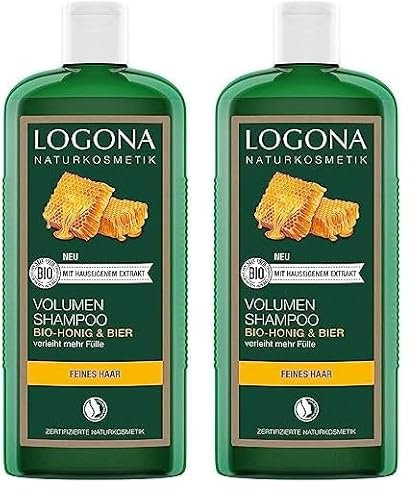 LOGONA Naturkosmetik Volumen Shampoo für natürlich volles Haar, Geeignet für feines Haar, Pflegendes Haarshampoo mit Bier und Bio Honig, 1 x 500 ml (Packung mit 2)