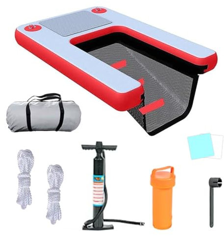 Rampe d'eau Gonflable Pour Chien Échelle portable pour piscine hors sol, rampe pour bateau ponton avec marches antidérapantes, sac de rangement, pompe, kit de réparation, plateforme gonflable(Red,150x