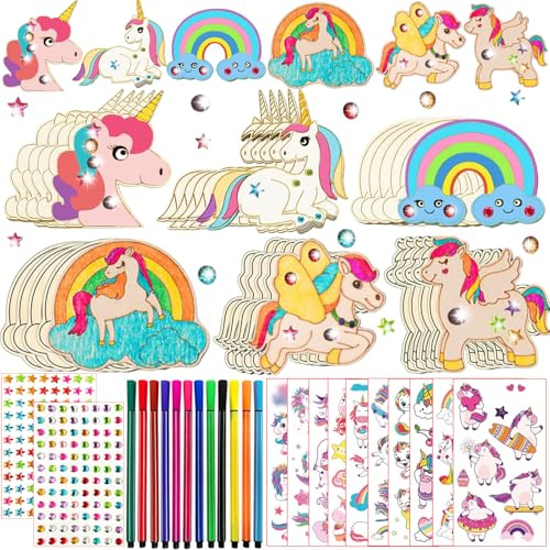 236PCS Einhorn Bastelset Kinder ab 3 4 5 6 7 8 Jahre, Einhorn Deko Kindergeburtstag, Basteln & DIY, Holzanhänger zum Bemalen, Holz Basteln Kindergeburtstag, mit 30 Holz, 192 Strasssteine und mehr