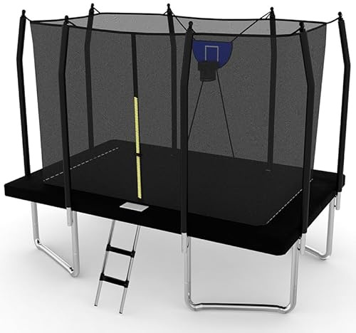 BodyTrain 7x11ft Rectangular Trampoline with Safety Enclosure Ladder & Basketball Game (Black)