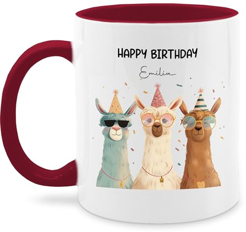 Tasse Tassen 325ml - bedruckt - Alpakas Happy Birthday mit Name personalisiert I Alpaka Geschenk Lama Geschenkidee Geburtstag - 325 ml - Bordeauxrot - zum alpaka,