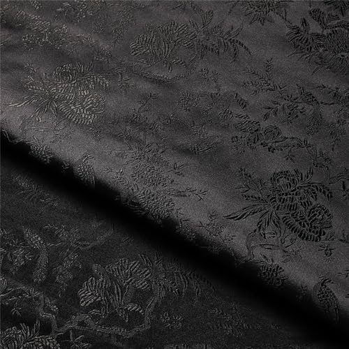 ORICALCHASM Satin Stoff, Retro Schöne Blumen Vögel Zweig Muster Hochzeit Kleidung Tischdecke Handgemachte Tasche Genäht Patchwork Tuch 100X75cm(Black)