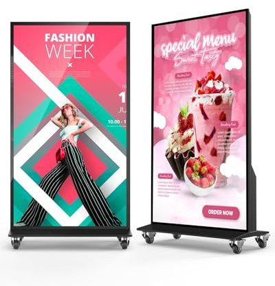 4K UHD Full Screen Digital Signage, 75 Indoor Digital Customer Stopper with Android, Movable Advertising Poster Stand with Wheels, LCD Digital Kiosk with Timer Switch, WiFi/USB/HDMI/Input, Black