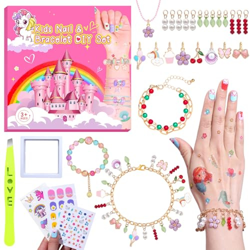 HAJXXMM Arts Crafts Bracelet Making Kits DIY Bead Bracelets Nail Stickers Tattoos, Unicorn Gifts for Girls Age 7 8 9 10+ Year Old, Birthday Christmas Presents Advent Calendar Stocking Fillers