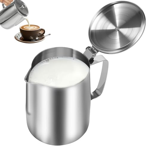 BAODBF Milchkännchen mit Deckel 1000ml Edelstahl Barista Milchkanne | Milchkanne aus Edelstahl: V-Ausguss für Perfekte Latte Art, integrierter Deckel gegen Spritzer & Drip-free Griff