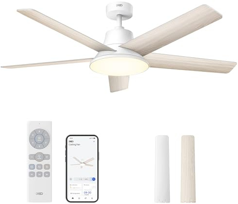 DREO ventilatore da soffitto smart con luce 132 cm, 12 velocità(APP), 3 modalità, LED dimmerabile con temperatura colore regolabile, motore CC silenzioso, timer 12 h, controllo app e Alexa, bianco