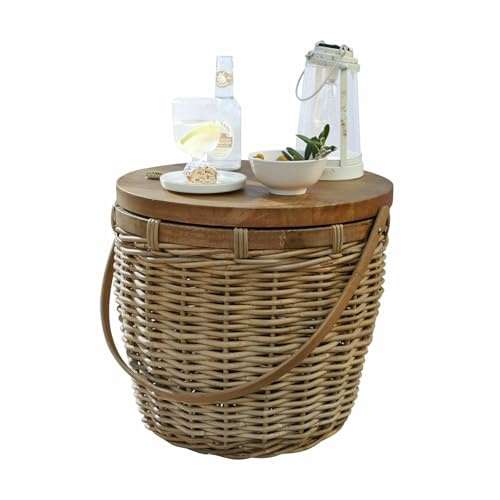 Loberon Beistelltisch Moncaris, Stauraum im Inneren, Deckel als Tablett Nutzbar, Beistellmöbel, Ablagetisch, Gartenmöbel, Outdoor, Rattan, Mangoholz, braun