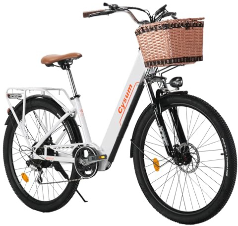 Cityrun E Bike, 26 Zoll E-Bike für Herren Damen mit 36V 360 Wh Akku, Bis zu 80 KM Reichweite, 250W 40Nm Motor, 7-Gang Elektrofahrrad mit Korb Vorne und Gepäckträger Hinten für Städtische Pendler