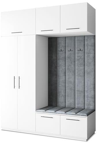 Masseno Flugarderoben Set Rema, Kleiderschrank-Set mit Sitzbank, Garderobenschrank Flur mit 5 Regalböden, Weiß