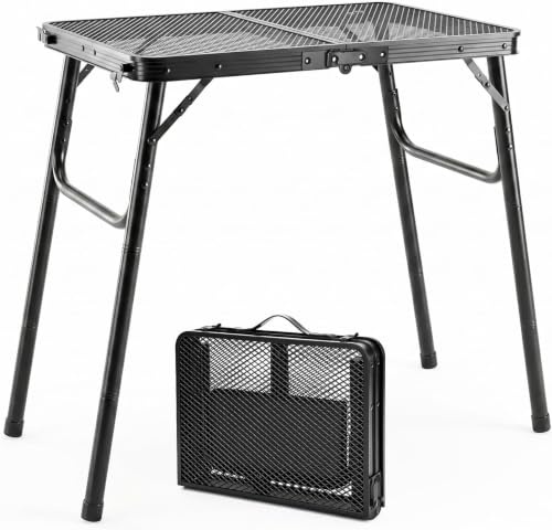 BBQ Side Table, 60 x 40 cm Metal Folding Camping Table, Lightweight Outdoor Table with Mesh Top, Adjustable Height 26/47/65 cm, Portable Garden Table for Barbecue, Picnic, Fishing, Camping Cooking