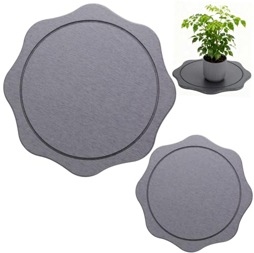 2 Pcs Diatomaceous Earth Plant Saucers for Indoors, No Holes Instant Dry Absorbent Plant Trays, 7.9 in and 11.8 in Water-Catching Drip Mats, Helps Protect Floors and Counters, Dark Gray