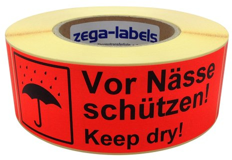 zega-labels Warnetiketten - Vor Nässe schützen! Keep dry! - 500 Stück je Rolle - 150 x 50 mm - Versandaufkleber Papier Leuchtrot stark haftend