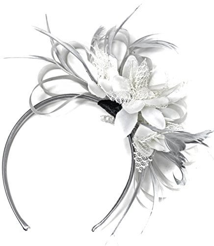 Fascinator-Haarband, mit Federn, Silbergrau und Weiß
