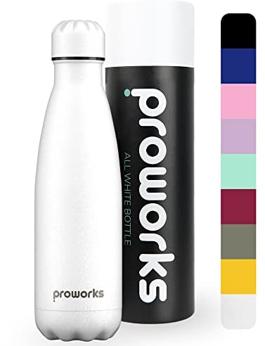 PROWORKS Bouteille d'eau Isotherme, sans BPA, Gourde INOX Reutilisable pour Maintien Chaud de 12 Heures & du Froid Jusqu’à 24 Heures, pour Sport, Gym, Voyage - 500ml - Tout Blanc