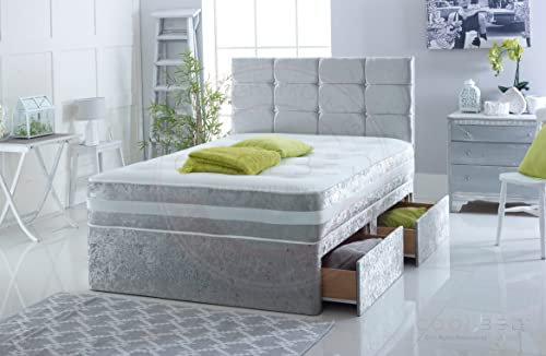 COOL BED Silver Crushed Velvet Single Divan Bed with Mattress and Headboard (SILVER, 3FT O DRAWERS)