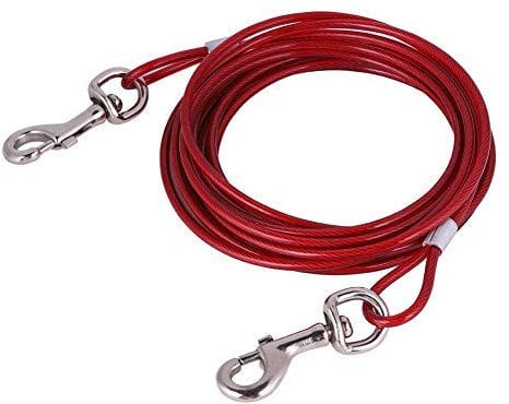 5m/16.4ft Dog Tie Out Cable, Chew Proof Steel Wire Rope Dog Lead Stake with 360° Swivel Lockable Hook for Outdoor Walking Camping Picnic(Red)
