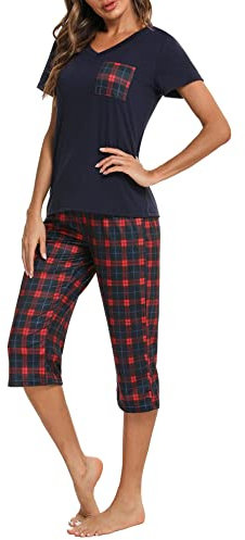 iClosam Pyjama Femme Été en Coton Ensemble de Pyjama Court à Carreaux VêTements de Nuit à Manche Courte Tenue de Nuit 2 Pièces avec T-Shirt et Pantalon Capri