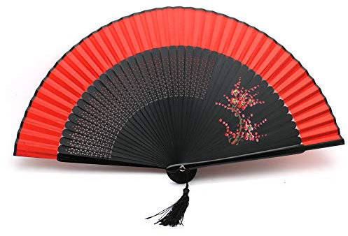 1SourceTek Silk Hand Held Folding Fans 8.27 inches (21cm) Women Hand Held Folding Fans With a Fabric Sleeve Protection for Gifts - Chinese Retro Style (Red.2)