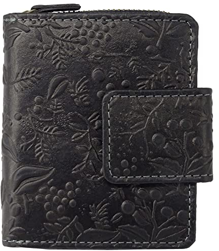 Hill Burry Damen-Geldbörse Klein | Mini Frauen-Portemonnaie aus echtem Leder | Kleine sichere RFID Damengeldbörse | Geldbeutel mit viele Kredit-Karten-Fächer | Slim-Wallet Münzenfach (Schwarz)