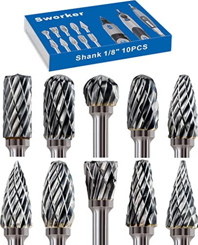 Sworker Hartmetall-Frässtift-Set, kompatibel mit Dremel, 0,3 cm Schaft, 10 Stück, Schneideisen, Drehwerkzeug, Raspel, Bits, Zubehör, Aufsätze, Metall, Holz, Stein, Kunststoff, Schnitzen, Schneiden,