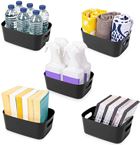 Under Sink Storage Boxes – Strong Storage Baskets with Handles – Home, Kitchen and Bathroom Organiser – Rectangular Multi Use Storage Boxes –– Stackable Pantry Basket – Black, 5pcs – by Stackzy