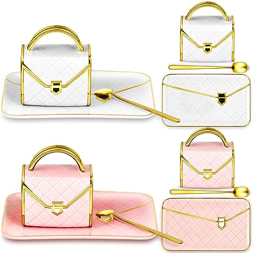 Zubebe 2 Sets Kaffeetasse, elegante Handtaschenform, moderne Keramik-Geldbörse, Tasse mit Löffel und Untertasse, 284 ml, niedlich, kreative Teetasse für Büro, Zuhause, Muttertag, Frauengeschenk (Rosa