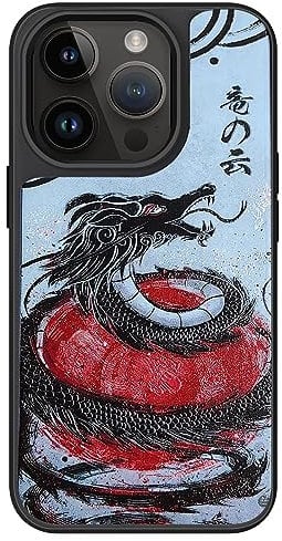 AUKIYUI Designed for iPhone 14 Pro Case, Japanese Design Phone Case Shockproof Hard Back with Non-Slip Soft Bumper Cover, Aesthetic Kuro Dragon Print Cool Embossed Pattern, Black 6.1