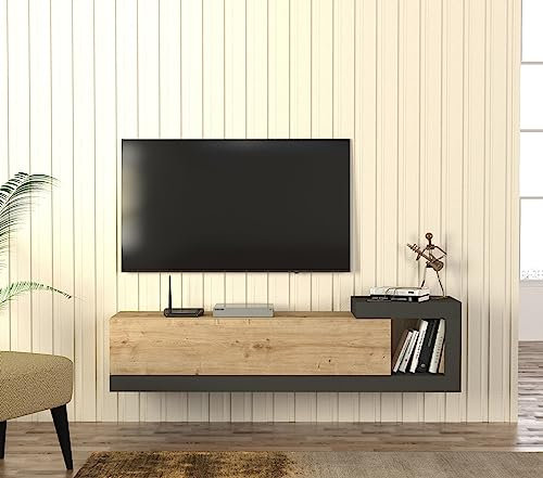 DORPEK Dente Tv Stand Saphire - Anthracite, 32- 65, Wall Mounted Floating Tv Unit, Floating Tv Stand with Cabinet and Open Shelf, Entertainment Unit for Living Room, Bedroom and Dining Room