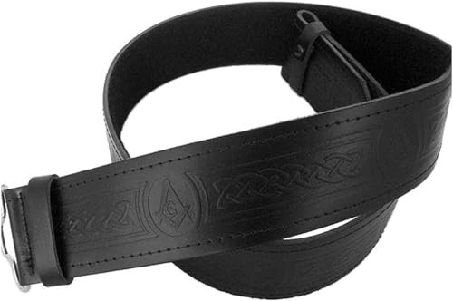 Tartancity Echtes handgefertigtes Herren-Ledergürtel, keltisch, geprägt, Klettverschluss, für Kilt, Schwarz, Freimaurer, L