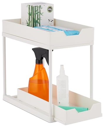 Relaxdays Rangement sous évier, 2 Niveaux, Extensible, HxLxP: 37x22x40 cm, Organiseur Cuisine & Salle de Bain, Blanc