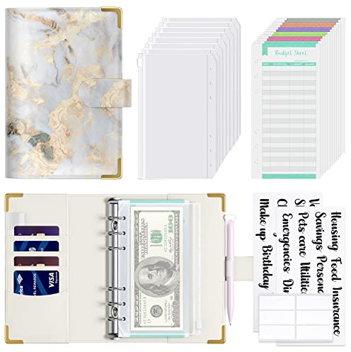 Hnogri Budget Binder with Cash Envelopes, Money Saving Binder, Chaos Marble | Zipper Cash Envelopes for Budgeting, PU Leather Budget Planner Money Organizer for Cash Bills, Floral Budget Wallet for Women