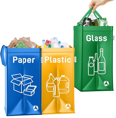 Norggo® Mülltrennsystem 3fach – Set aus 3 Mülltrennsysteme für Plastik, Papier und Glas – Recycling Behälter 40L mit Griff – Abfall & Recycling Lösung – Mülltrennsystem Küche – Altpapier & Altglas