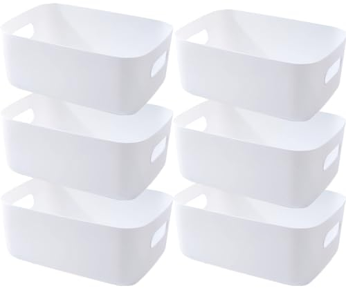 EURXLQ 6 stück Weiß Aufbewahrungsbox Kunststoff Aufbewahrungskorb mit Griffen 25×17×10cm,Badezimmer Organizer Küchenschrank Organizer Box Körbe Aufbewahrung Kunststoffbox für Regal