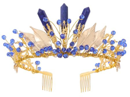 IYOU Quarz Königin Krone Blau Kristall Kronen Tiara Blatt Hochzeit Braut Haarschmuck für Frauen