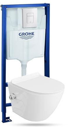 LAVITA Vorwandelement Solido + Wand Hänge WC Salto Weiß Spülrandlos + + WC Sitz mit Absenkautomatik Glänzend Weiß Knopf Komplettset Unterputz Spülkasten Toilette Komplett Sett WC