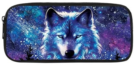 NETILGEN Federmäppchen für Jungen und Damen, Make-up-Tasche, cooles Tier-Federmäppchen, für Kinder, Mädchen, Schreibwaren, Schulbedarf, Geschenkauswahl, Wolfs-Galaxie-Malerei