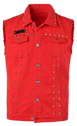 Yukirtiq Herren Jeansweste Zerrissen Ärmellos Jeansjacke Slim Fit Motorradweste mit Niete Denim Weste Sommerweste Jeans für Männer, Rot, M