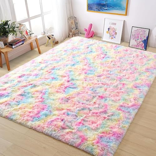 Bestash Teppich Wohnzimmer Groß,Hochflor Teppich Schlafzimmer,Flauschig Teppiche Gegend,rutschfest Waschbarer Flauschiger Teppiche Carpet Rugs for Bedroom,Living Room(Neu Regenbogen,160 * 230cm)
