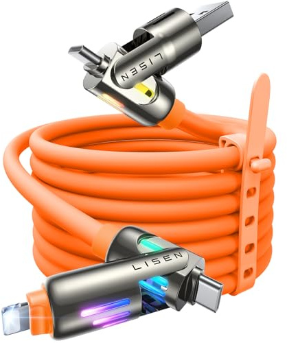 LISEN 4 in 1 Charger Cable, Multi Charger Cable [240W 2M] Type C/A to C/Lightning Cord for iPhone 17 16 15 14 Pro/MacBook/iPad/Samsung S25/Switch 2/PS5, Charging Cables for Multiple Devices, Orange