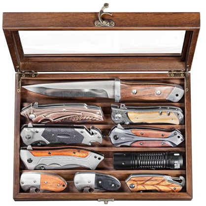 amoard Wooden Knife Display Case, Pocket Knife Organizer for Men's Collection & EDC Gear (Walnut, 1 Pack)