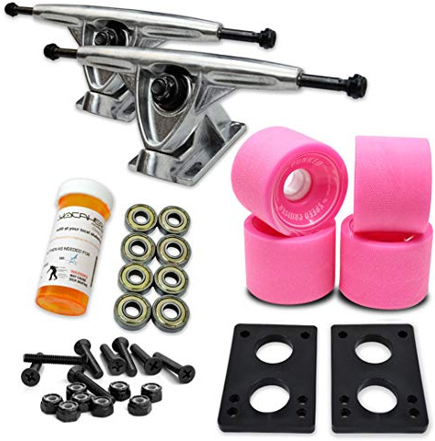Yocaher Longboard Skateboard Trucks Combo Set avec roues de 71 mm + paquet 24,6 cm poli/noir – Roue rose unie, trucks polis