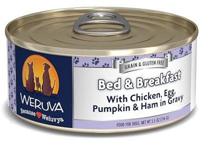 Weruva Classic Dog Food, Bed & Breakfast with Chicken, Egg, Pumpkin & Ham in Gravy, 5.5oz Can (Pack of 24), Blue