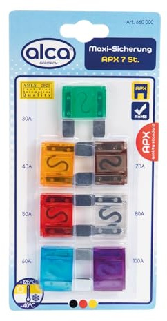 alca® Maxi-Sicherungen 30-100A Set, 7 Stk. Schmelzsicherungen 32V | Flachsicherung im Bundle, grün 30A, orange 40A, blau 60A, braun 70A, für Auto, Lkw, Bus, Traktor und weitere Nutzfahrzeuge