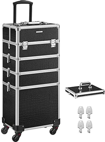 SONGMICS Alu Trolley, Kosmetikkoffer mit Rollen, Friseurkoffer, Schminkkoffer ohne Inhalt, Handgepäck, Beauty Case, 4 in 1, XXL, schwarz JHZ06B