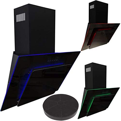 SIA AGE71BL 70cm Black Glass Angled Kitchen Cooker Hood Chimney Extractor Fan With Red Blue & Green LED Edge Lit Mood Lighting & Carbon Filter