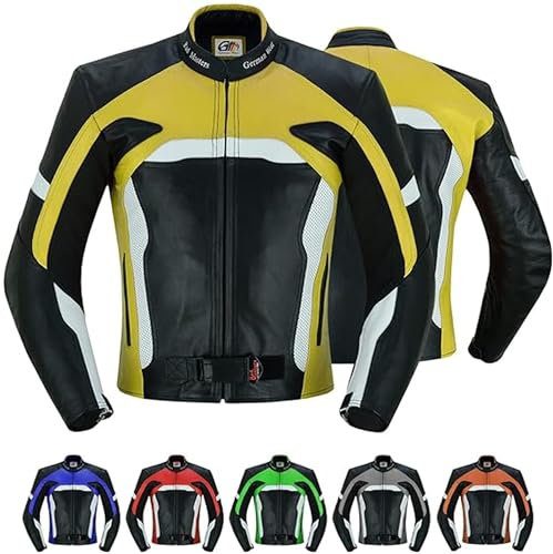 German Wear Herren Motorradjacke Lederjacke mit Protektoren, Frabe:Gelb;Größe:L