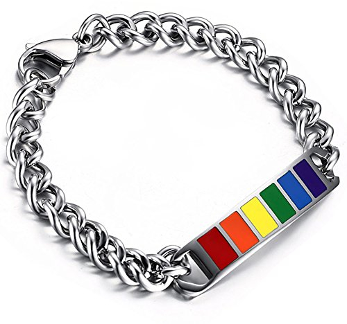 Flongo Gay Schwul Armband, Edelstahl Armband Armreifen Armkette Silber Bunt Mehrfarbig Multicolor Regenbogen Streifen Gay Pride LGBT Herren, Damen